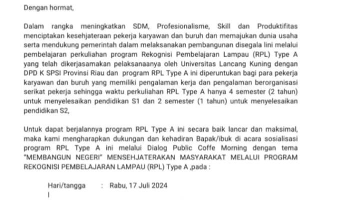 Sukseskan Program RPL Type A, SPSI Riau Bersama Unilak Gelar Dialog Coffe Morning 17 Juli 2024